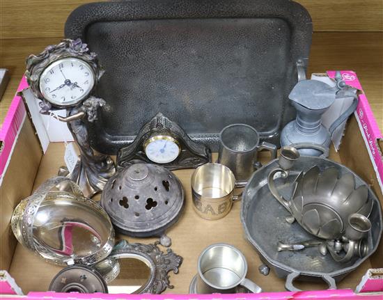 A pewter hammered tray, bowl and mixed pewter (some WMF)